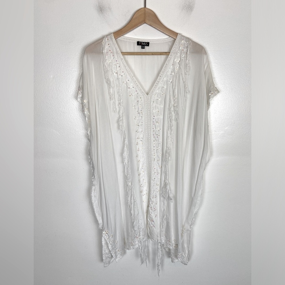 KMA Kaftan Beach Coverup Dress‎ Tunic One Size White Sequin Embroidered Midi